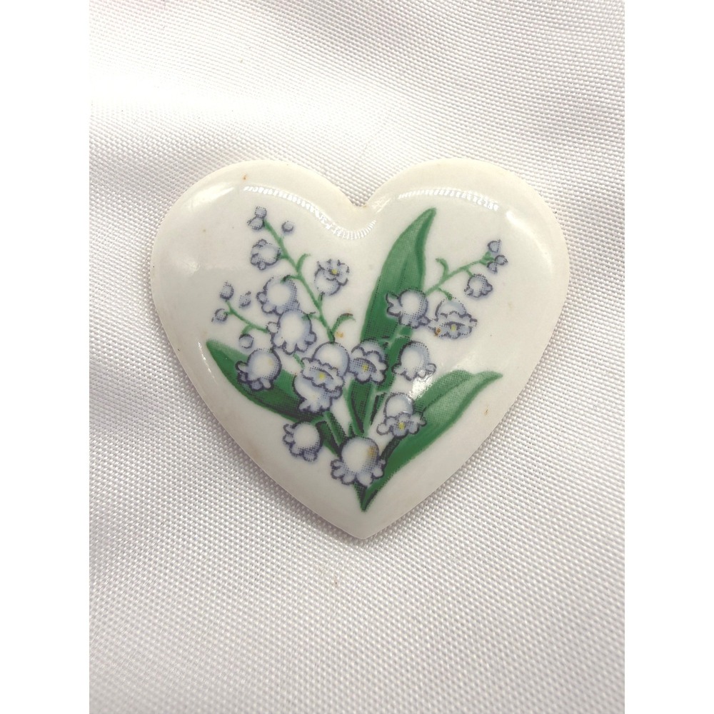 Vintage Avon Ceramic Heart Pin Lily the Valley Floral Brooch White Glazed Gift